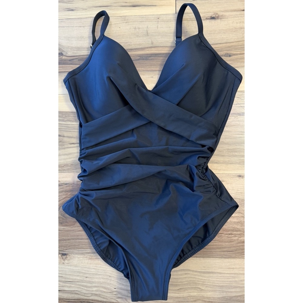 Miraclesuit Captivate Black One Piece Swimsuit Ruched Strappy Back US 12